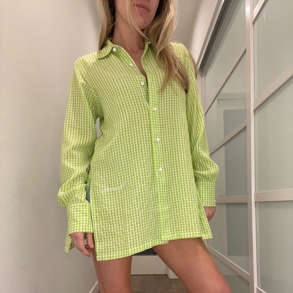 Solid & Stripped Lime Green Gingham Button Up Top - image 4